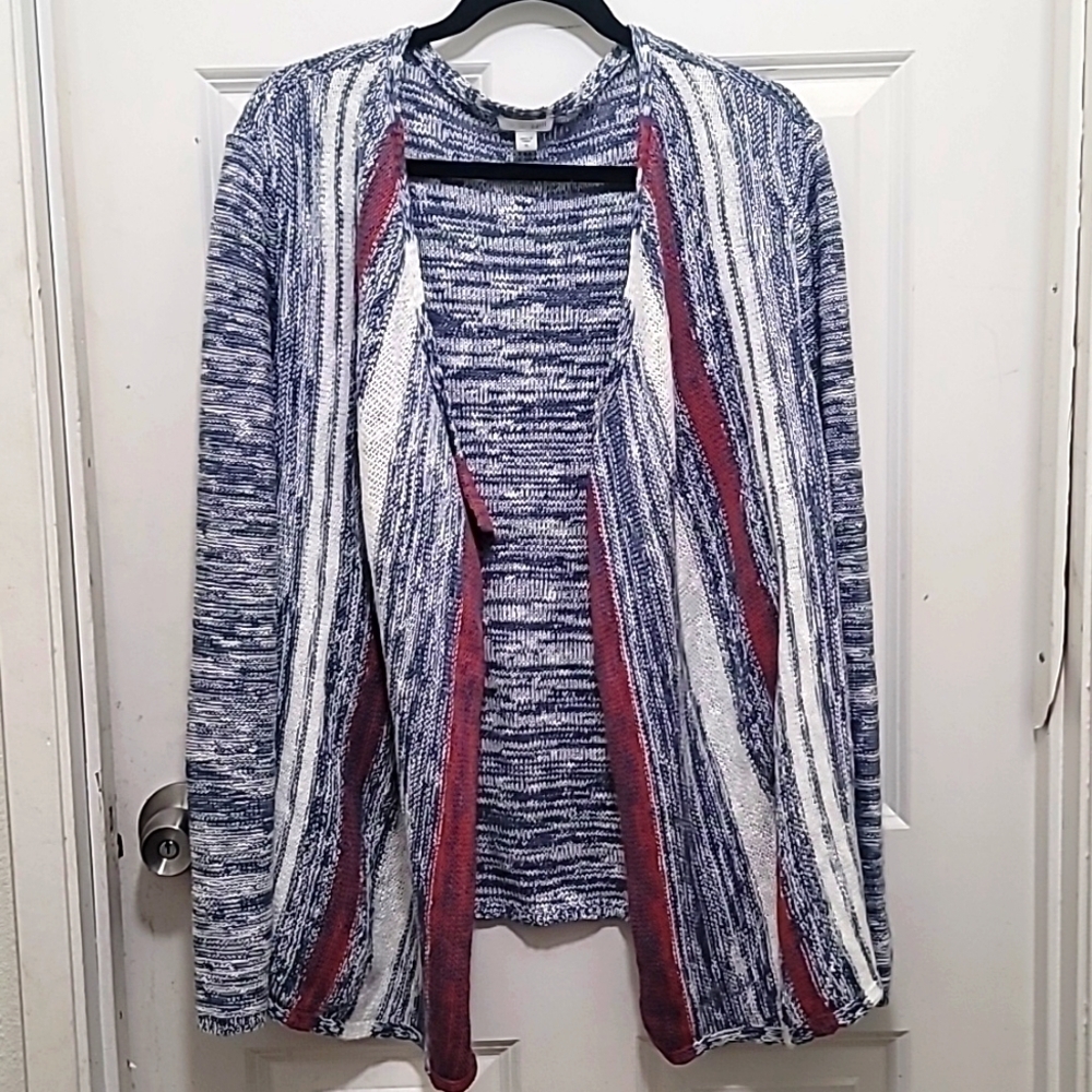 J.JILL WOMEN'S BLUE/RED OPEN FRONT STRIPE CARDIGAN LONG SLEEVE SWEATER SIZE XL